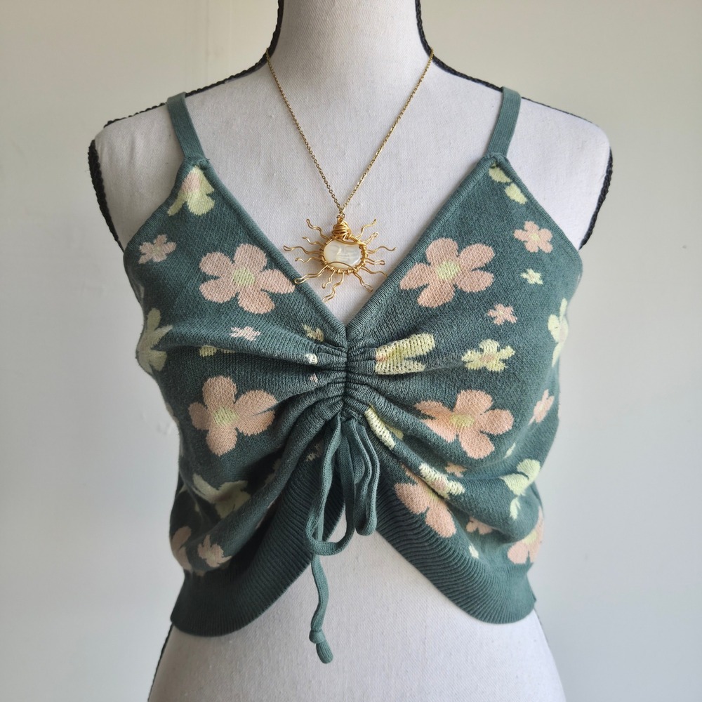 Social Scene Floral Knit Cami Top Womens L Coquette Fairycore Cottagecore Green
